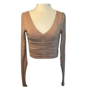 Publik Annalise Ruched  V-Neck Top Caramel Brown Ribbed Knit Long Sleeve S